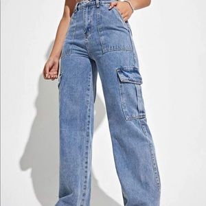 High Waisted Flap Pocket Cargo Jeans